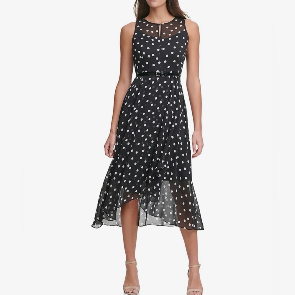 Tommy Hilfiger NWT Black and White Polka Dot Chiffon Midi Dress Size 8